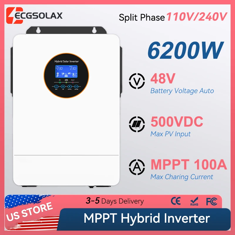 

ECGSOLAX 6,2 кВт гибридный солнечный инвертор 48 В 120 В/240 В с MPPT 100 А солнечное зарядное устройство с разделенной фазой чистый синусоидальный инвертор Max PV 500 В