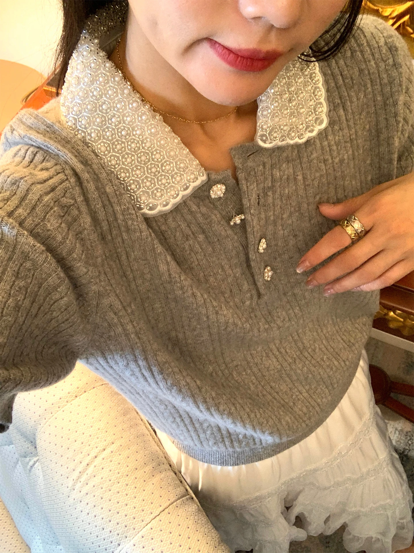 

Gray Short Sleeve Knitted Sweater Women's Overhead Collar Woolen Top Warm Spring Autumn Loose Fit Pure Color Knitwear