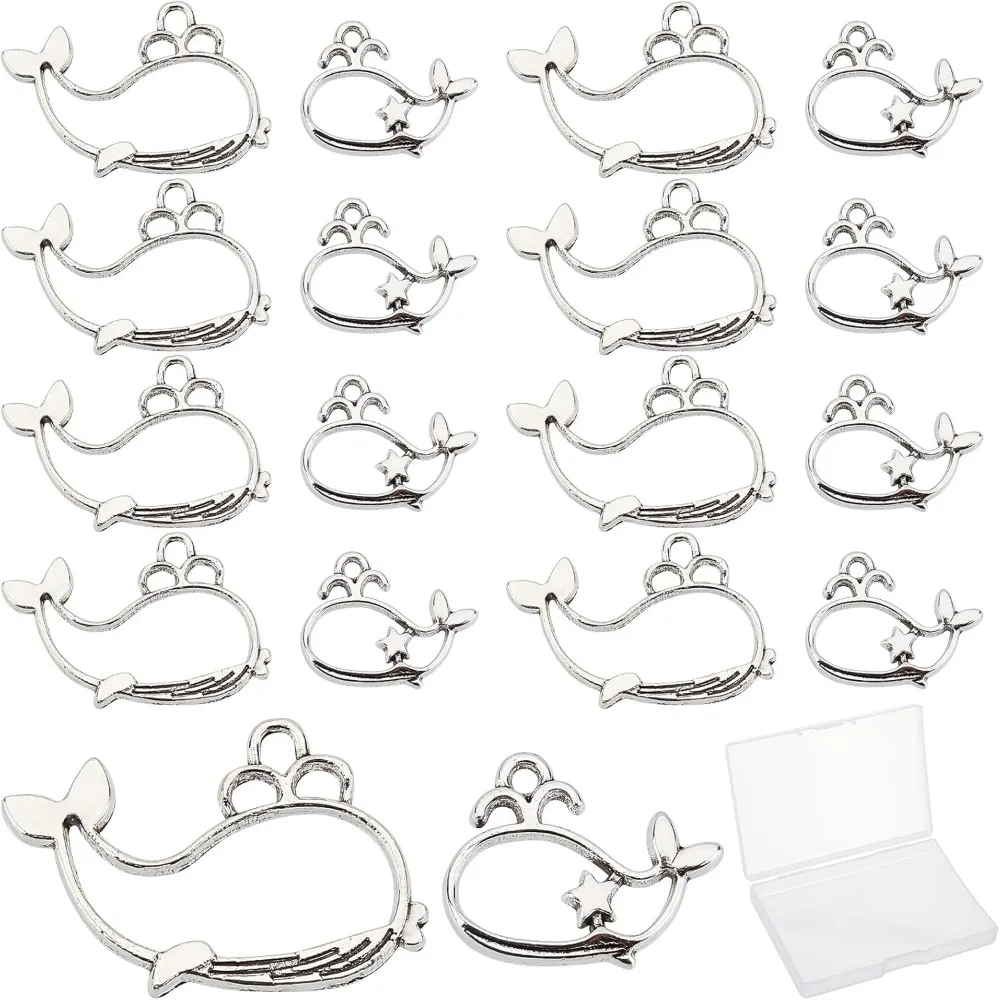 1 Box 80Pcs 2 Style Whale Bezel Charms Alloy Open Back Bezel Pendants for Bracelet Necklace Earrings Jewelry Making Silver kit