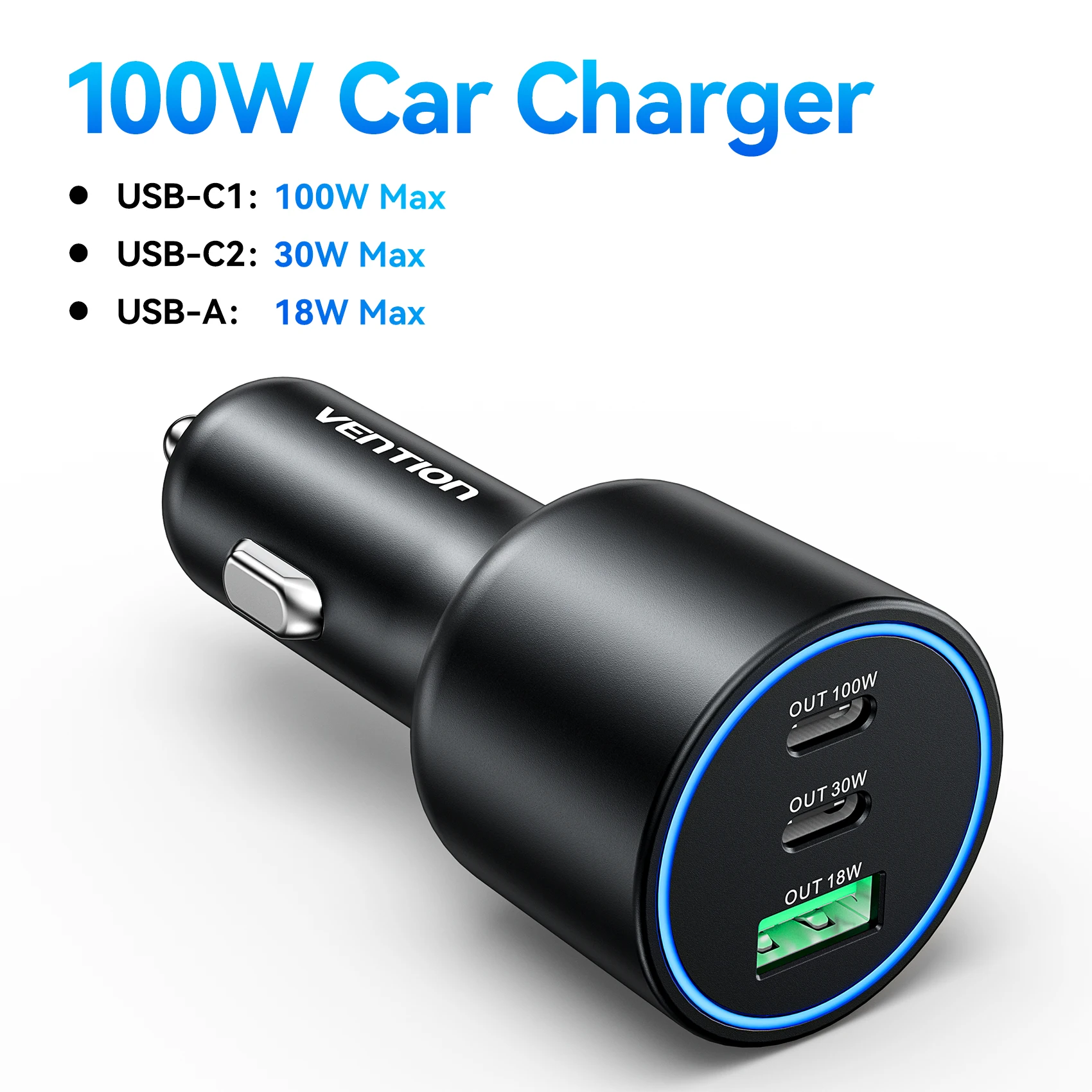 Vention 165 W USB C Autoladegerät 3 Ports PD QC 4.0 45 W für Samsung S25 iPhone 17 16 MacBook 100 W Schnellladeadapter mit LED