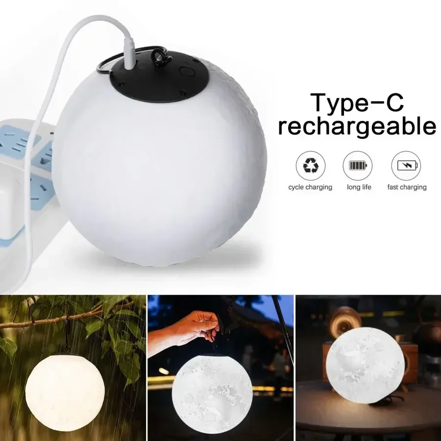 USB Rechargeable Portable Hanging Moon Light Outdoor LED Camping Lantern Waterproof Tent Lamp Garden Decor Lights