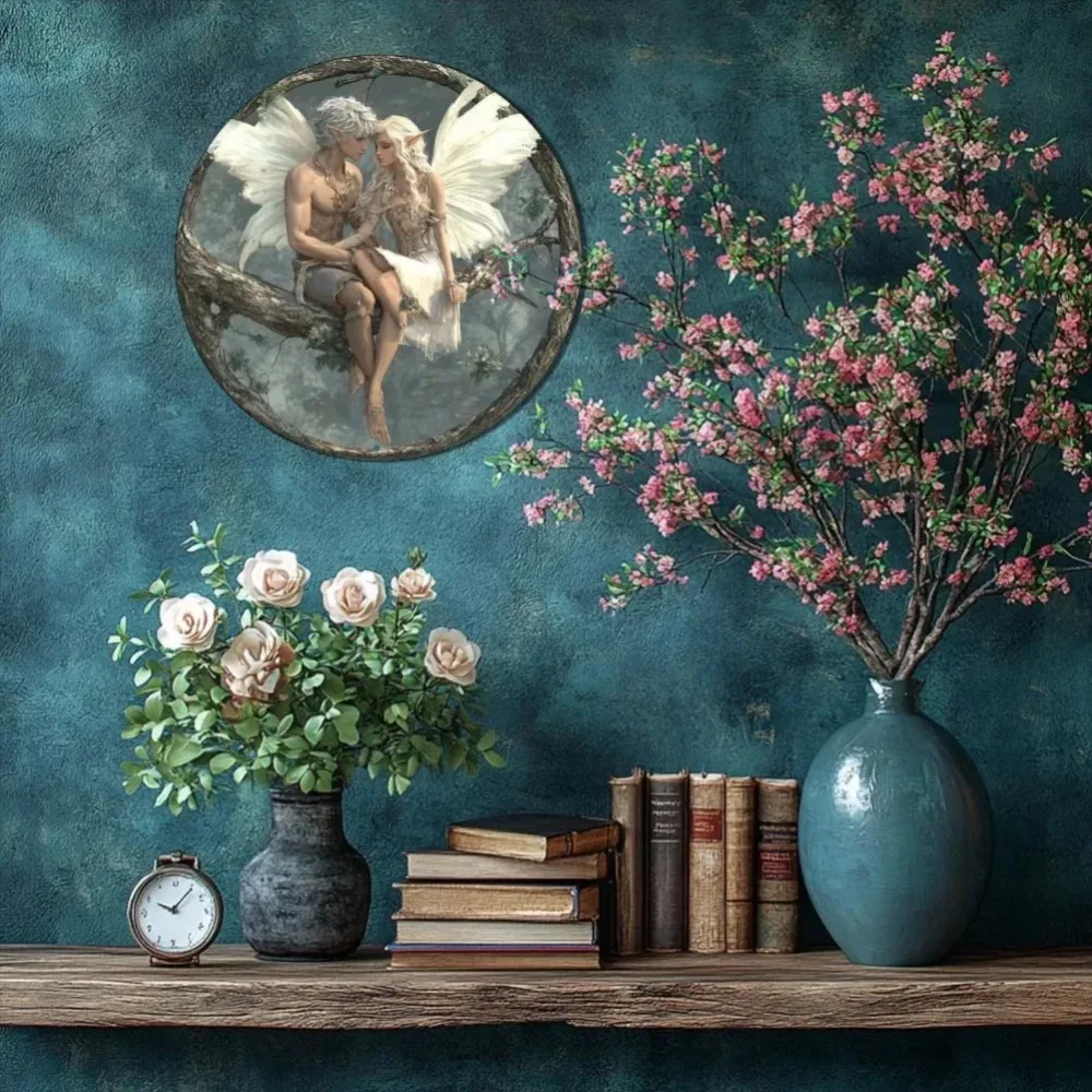 ديكور حائط من الألومنيوم للزوجين من الجنية الرجعية - إكليل زهور دائري ثنائي الأبعاد، لوحة معلقة مسطحة للغابات السحرية (قطعة واحدة) #6