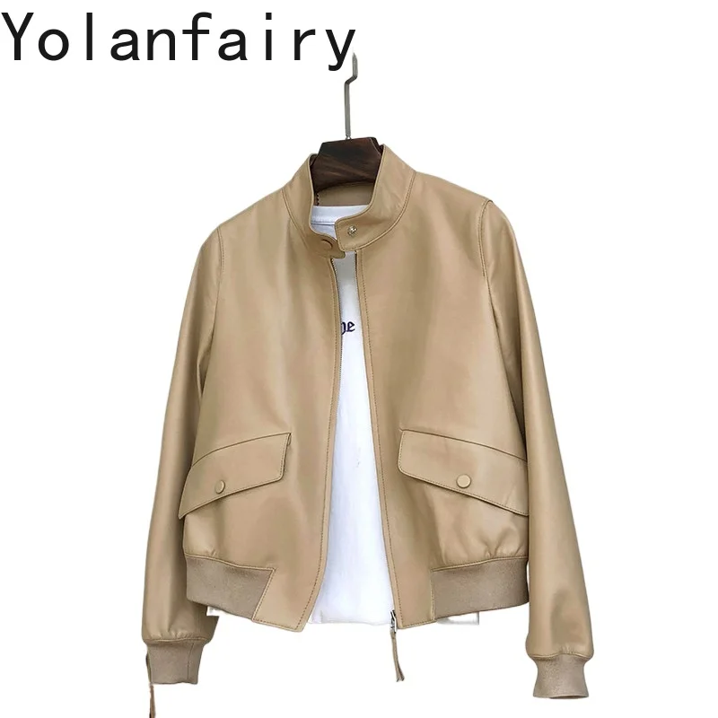 

YOLANFAIRY 100% Genuine Leather Jacket Women 2026 High Quality Real Sheepskin Coat Stand Collar Short Leather Jackets Fashion