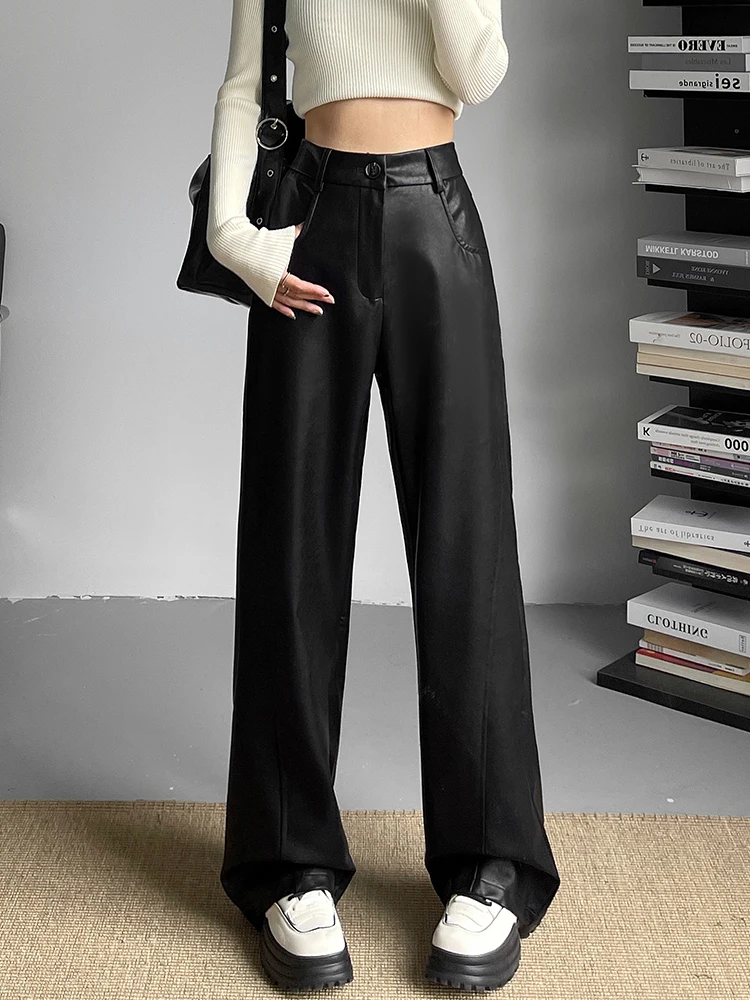 

Fashion Minimalist PU Leather Casual Pants for Women 2024 Autumn New Pocket Loose Floor Length Straight Female Black Trousers