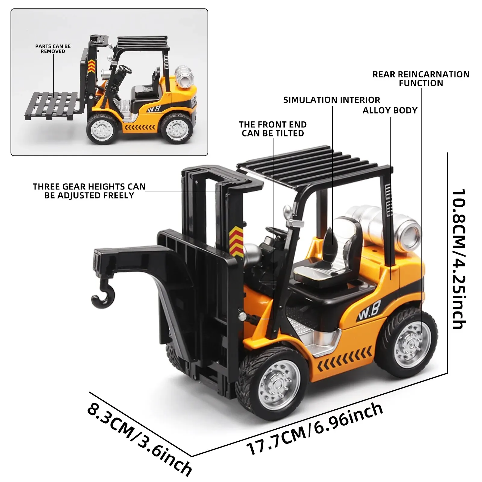 1:24 Scale Alloy Construction Forklift & Crane Toy Model with Retroactive Motion & Sound & Light Effects - Ideal for Kids' Play