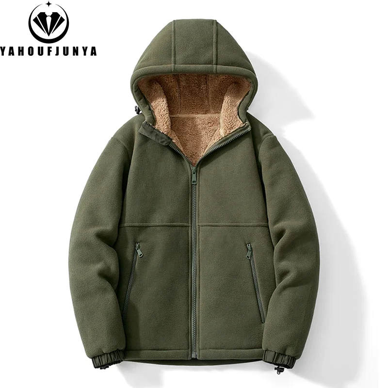 2024 Men Winter Outdoor Casual Fleece Warm Hooded Jacket Men Solid Color Zipper Fashion High-Quality Design Jacket Male Coat 5XL