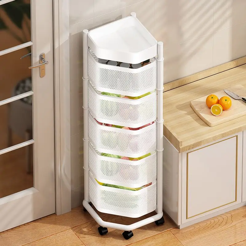 

360 Rotating Metal Multi-Storey Storage Basket Trolley Rack Kitchen Corner Storage Shelf Fruit Vegetable Organizer With Wheel