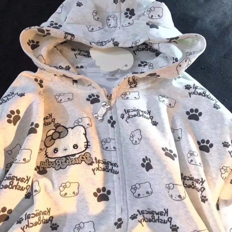

Y2K Sanrio Hello Kitty Hooded Cardigan Cotton Women's Autumn Winter American Full Print Embroidered Sweet Cool Loose Fit College