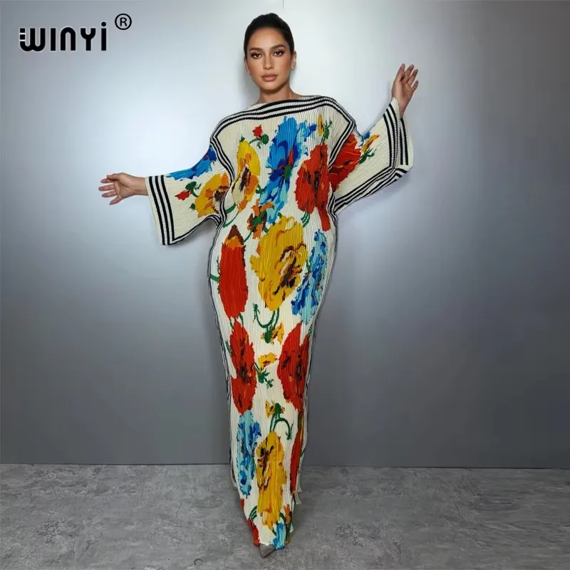 WINYI summer Pleated Elastic loose dress holiday boho beach cover up maxi kaftan abaya muslim woman dubai luxury party dresses view 6