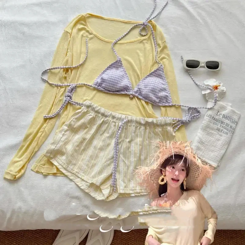 

Women 4 Piece Swimsuit Set Plaid Bikini Yellow Sun Protection Top Striped Shorts for Beach Vacation
