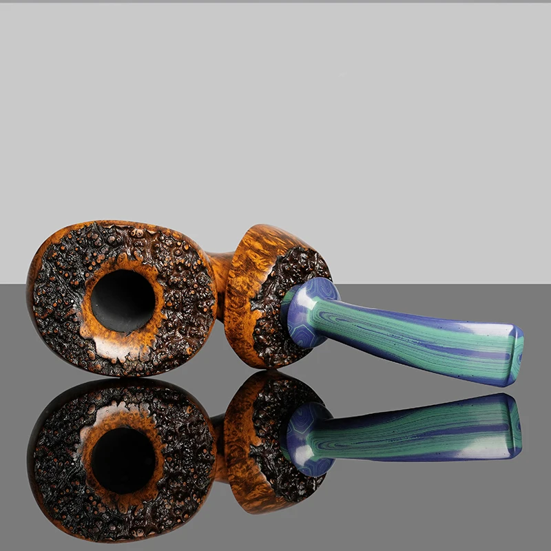 MUXIANG briar tobacco pipe, hand carved pipe, burl surface bowl, vulcanized rubber pipe handle, flower pipe