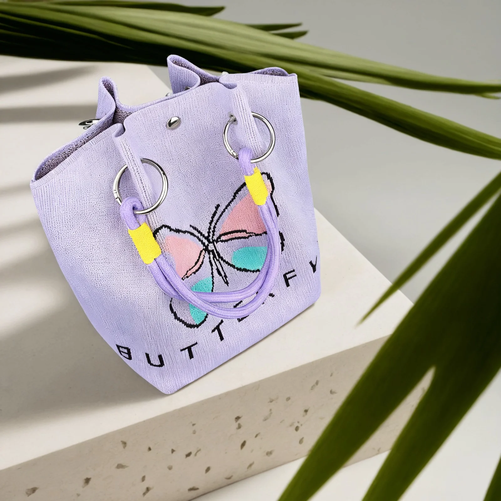 حقيبة يد محبوكة باللون الأرجواني اللطيف مع تصميم فراشة، حقيبة كتف ذات سعة كبيرة، حقيبة أزياء جمالية للنساء والفتيات