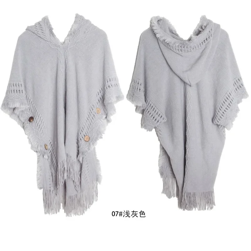 Frauen schicke böhmische Quaste Kapuze Umhänge einfarbig Quaste Strick pullover neue warme Herbst Winter Umhänge Langarm Indie Ponchos