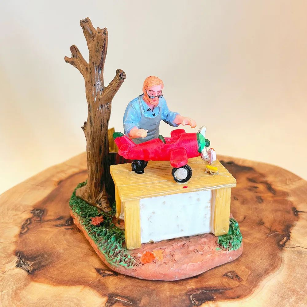Christmas Village Craftsman Making Toy Plane Resin Figurine Home Decoration Collectible