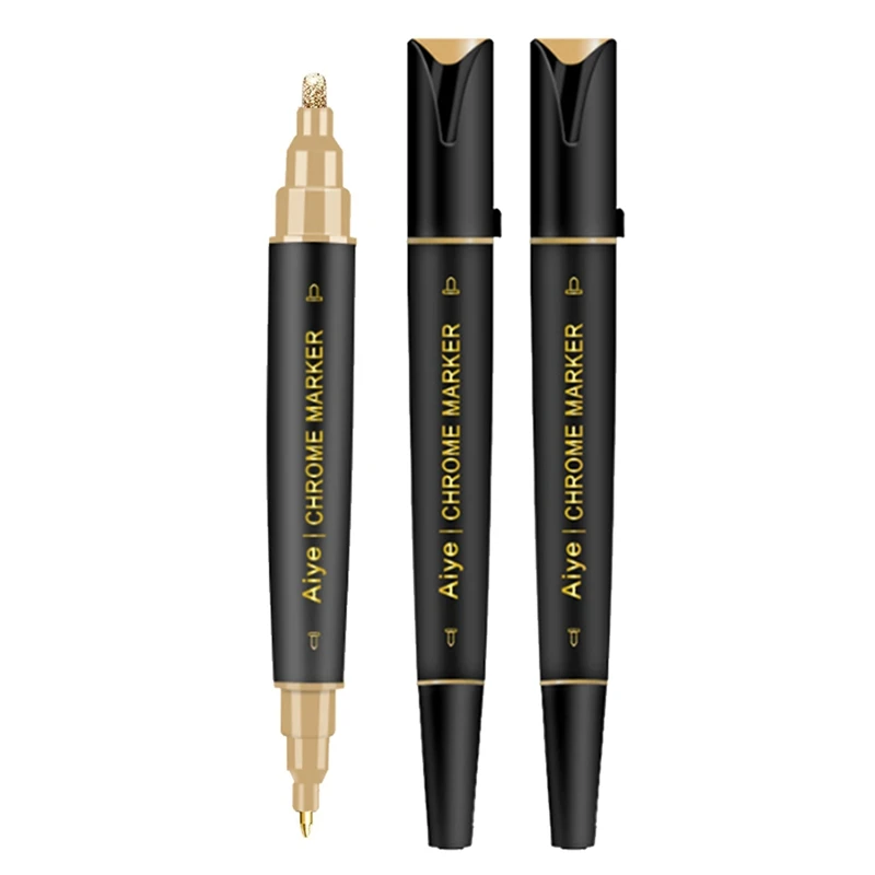 3 Pack Dual Tip Liquid Gold Chrome Markers, Permanent Shiny Gold Marker Pen For Most Surfaces, Golden Metallic