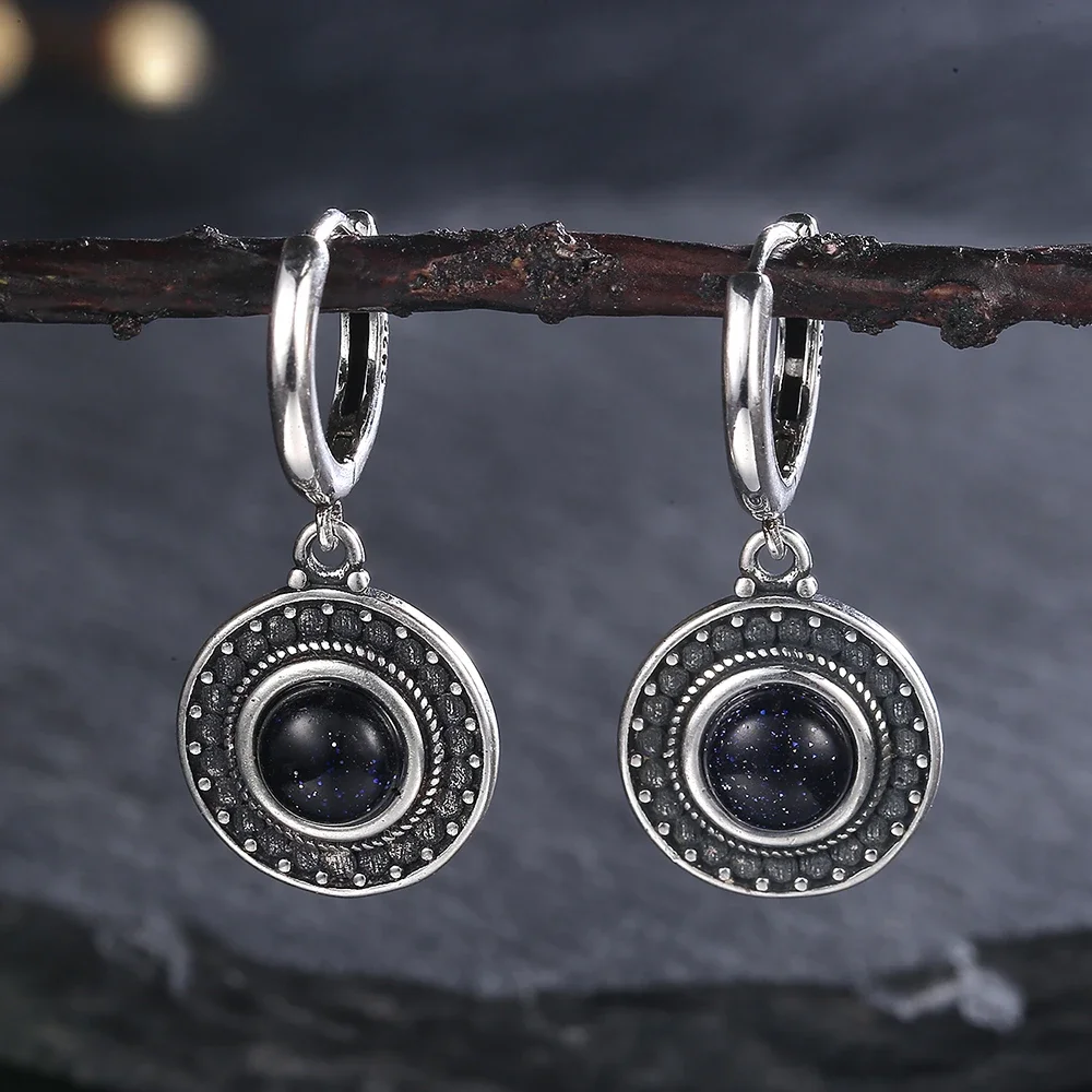 S925 Sterling Silver Natural Kyanite Sun Flower Shaped Earrings Vintage Labradorite Hoop Earrings for Women