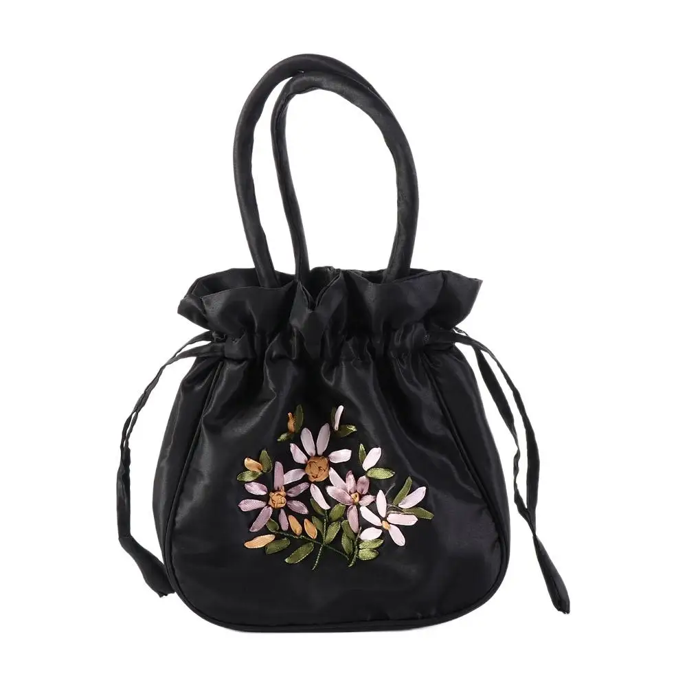 Satin Silk Hanfu Drawstrings Bag Ethnic Style Mommy Bag Embroidery Flower Handbag Shopping Bag Storage Bag Small Purse Wallet