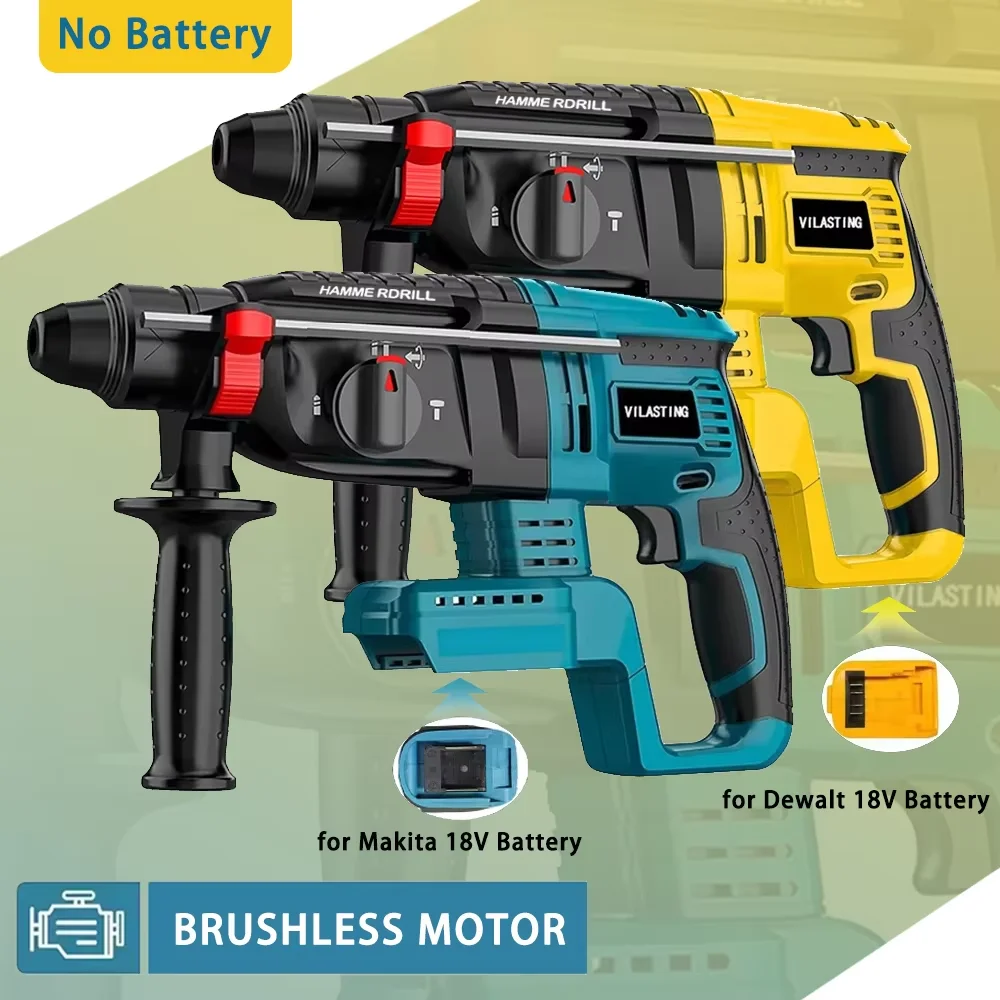 Brushless VILASTING 26MM Electric Hammer Drill Multifunctional Rotary Cordless Power Tools For Dewalt/Makita 18V Battery Pins