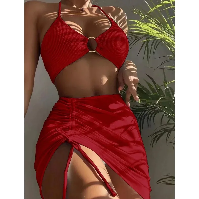 

Summer Women Sexy Solid Bikini Low Waisted Three Piece Swimsuit Women's Brazilian Bandage Swimsuit Women Seaside Swimsuit