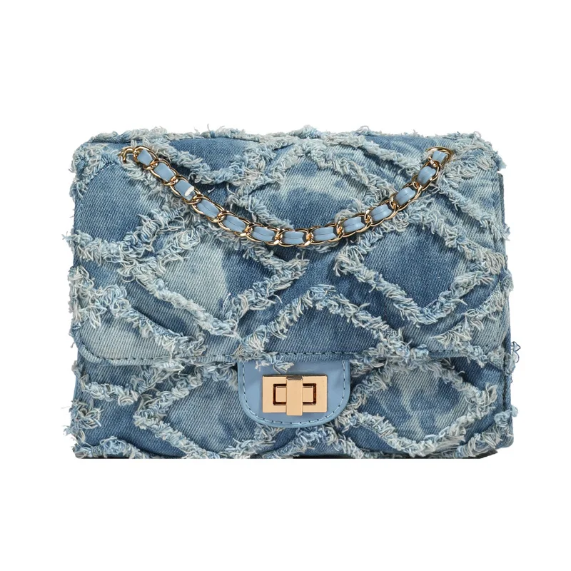 ​ ​ 디스트레스드 데님 락 박스 백 여성용 퀼팅 체인 크로스바디 캐비어 그레인 텍스처 커피 런 시크 ​ ​