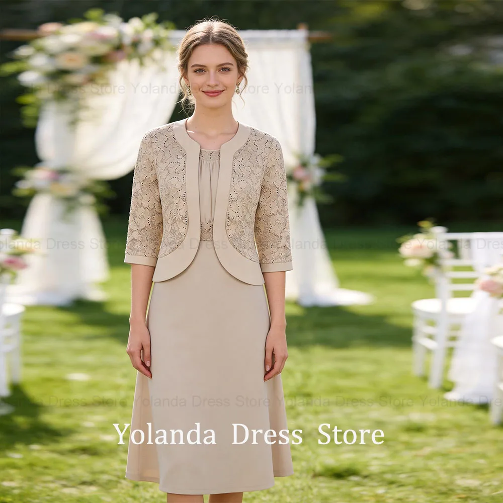 

Yolanda Customized 2026 Women's Elegant Tea Length Wedding Guest Dress 2 Piece Lace Sequin Formal Mother of The Bride Dresses