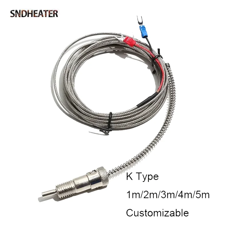 SNDHEATER Type K Temperature Sensor Thermocouple with M12 Thread Adapter Bayonet 1M/2M/3M/4M/5M Cable 2Wire with Spring Sheath