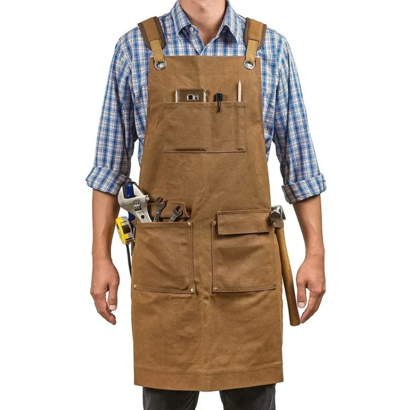 

Brown Thickened Canvas Apron Carpenter Electrician Gardening Anti-Stain Solid Color Work Apron Gardening Protective Gear
