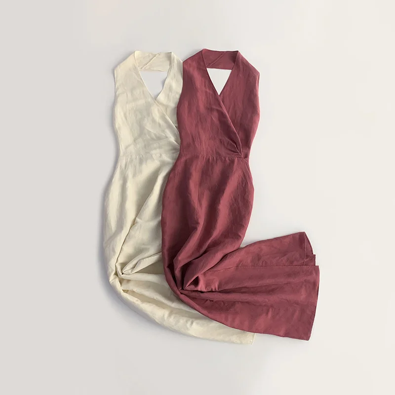 

Women Linen Halter Long Dresses Silk Slim Summer Elegant Chic Waist Wrap Lace-up Niche Sleeveless Cardigan Texture Clothing