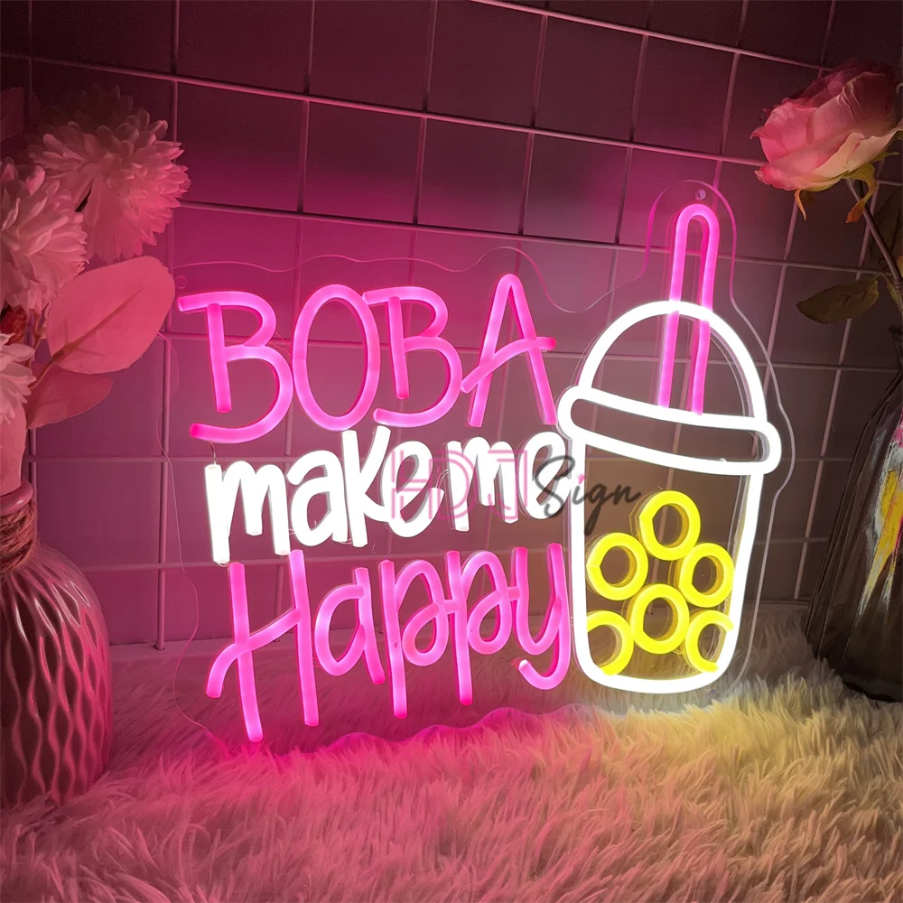 Boba make me happy Neon Led Signs Bubble Tea Coffee Neon Lights USB Cafe Bar Pub Decoration Home Party Room Wall Decor Neon Sign