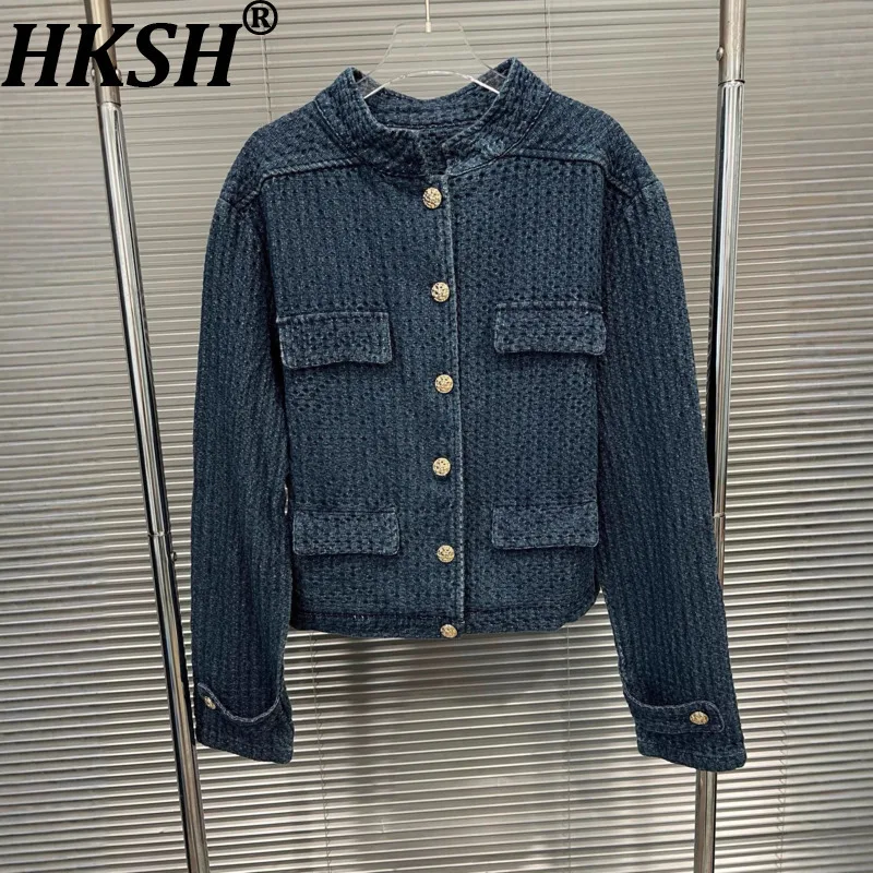 

HKSH Spring Autumn New Women Denim Jacket Stand Collar Single Breasted Textured Stylish Versatile Streetwear Casual Coat HK12066