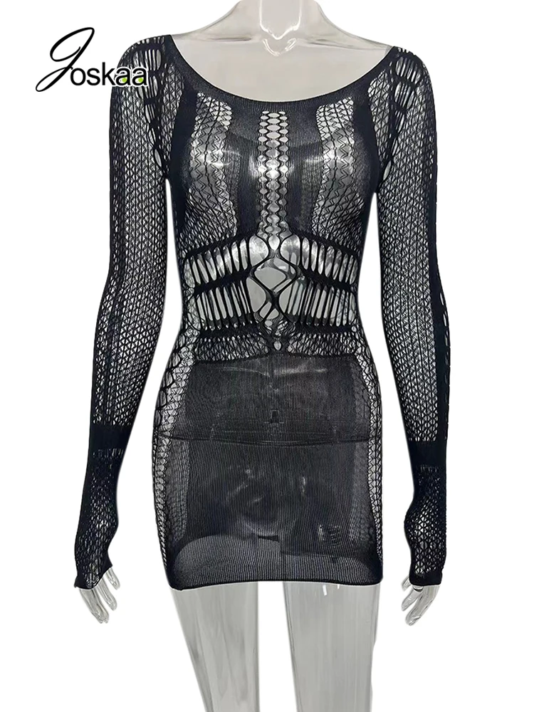 Joskaa Hollow Out Summer Dress Casual Women 2024 Fashion Beach Strench See Through Sexy Design Underwear Clubwear Dresses