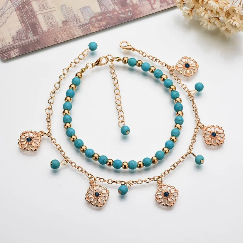 2025 New Women's Turquoise Beaded Gold color Anklet（one piece）  Set Double-Layer Flower Charm Beach Style Anklet Fashion Daily