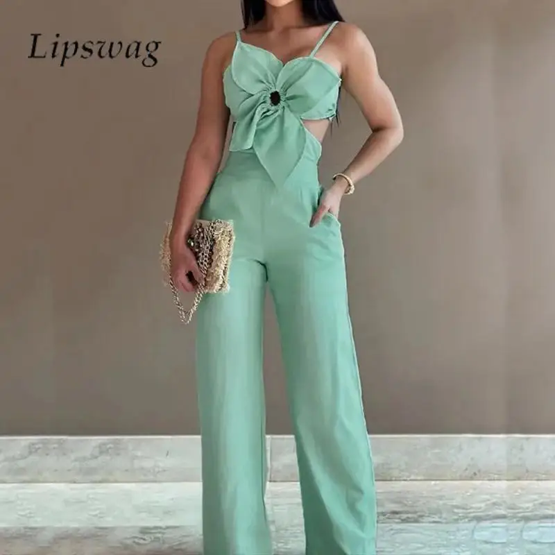 Sexy Flower Hollow Out Design Jumpsuit Fashion Sling Solid Color Straight Playsuit Casual Ladies High Waist Pocket Office Romper