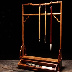 14 Pin Rosewood Brush Holder Wood with Drawer Calligraphy Brush Hanger Stand Shelf For Painting Drawing