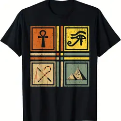 Black TShirt with Ancient Egyptian Symbols Ankh Eye of Horus Pyramids Hieroglyphic Design Vintage Style Casual Tee for Men Women