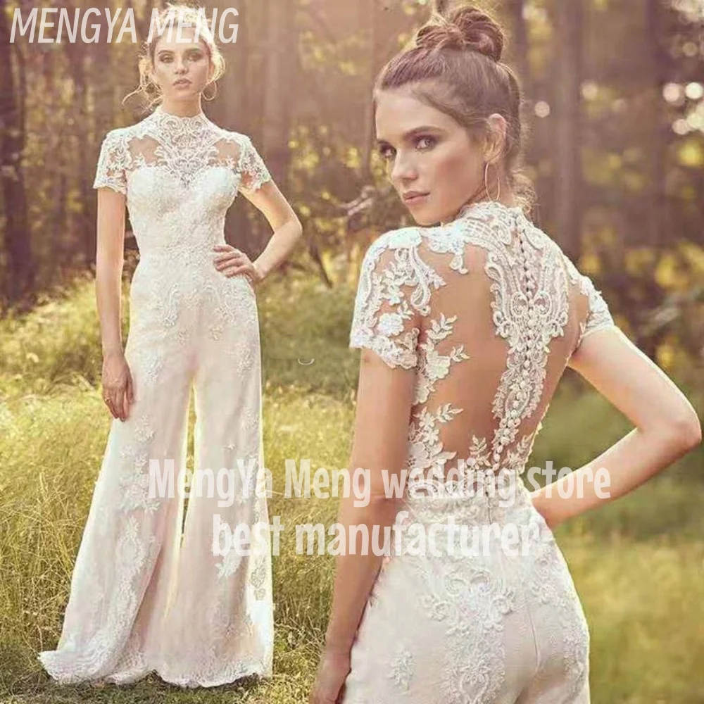 Vintage Jumpsuit Wedding Dresses Pants Suit Bridal Gowns Short Sleeve Button HIGH Lace Appliques Customized robe soirée mariage