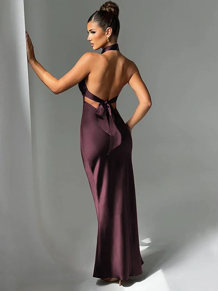 BWQ Elegant Maxi Long Slim Bodycon Dress Women Halter 2024 Spring Summer Dress Backless Nightcklub Sexy Party Dresses