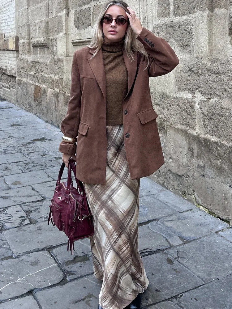 

HH New Woman Summer Fashion Beach Party Rhombus Plaid Pattern Silk Texture Long Skirt Female Street Style Casual Elegant Skirt