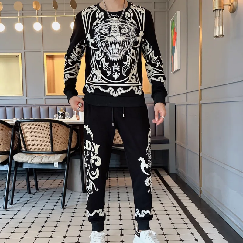 Top Quality Tiger Letter Print Pattern Casual Sweatshirt 2 Pcs Set Tracksuit Jogger Pant Suit Streetwear Men Set Street Pullover