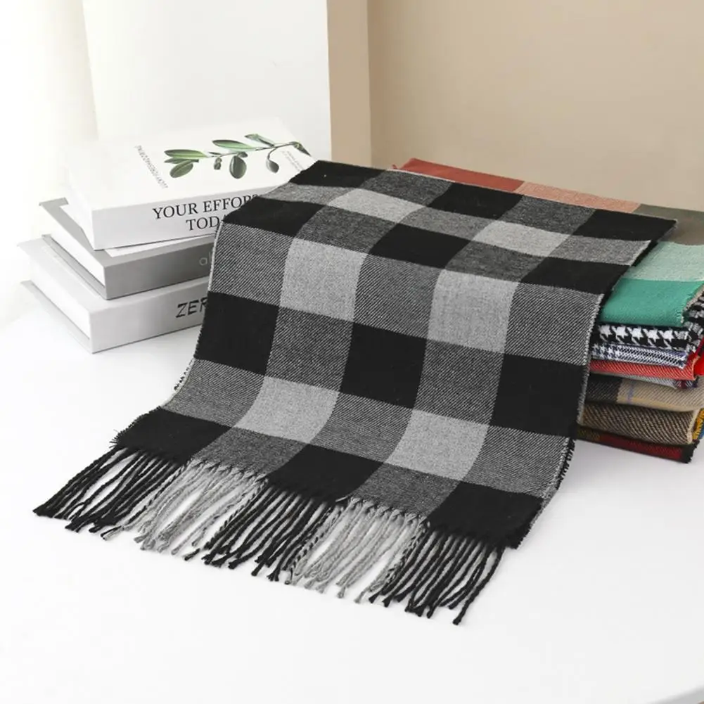 Men Scarf Plaid Pattern Tassel Trim Long Style Neck Wrap Imitation Cashmere Thermal Insulation Scarf For Daily Wear