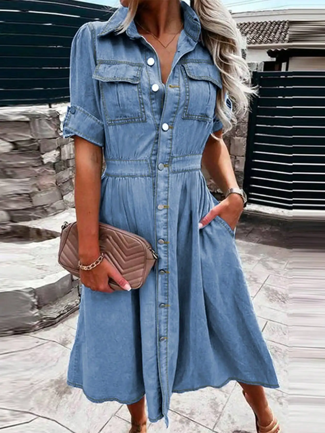 

Women's Denim Shirt Dress 2025 Trendy Button Front Puff Sleeve Belted Waist Knee Length Casual Dress