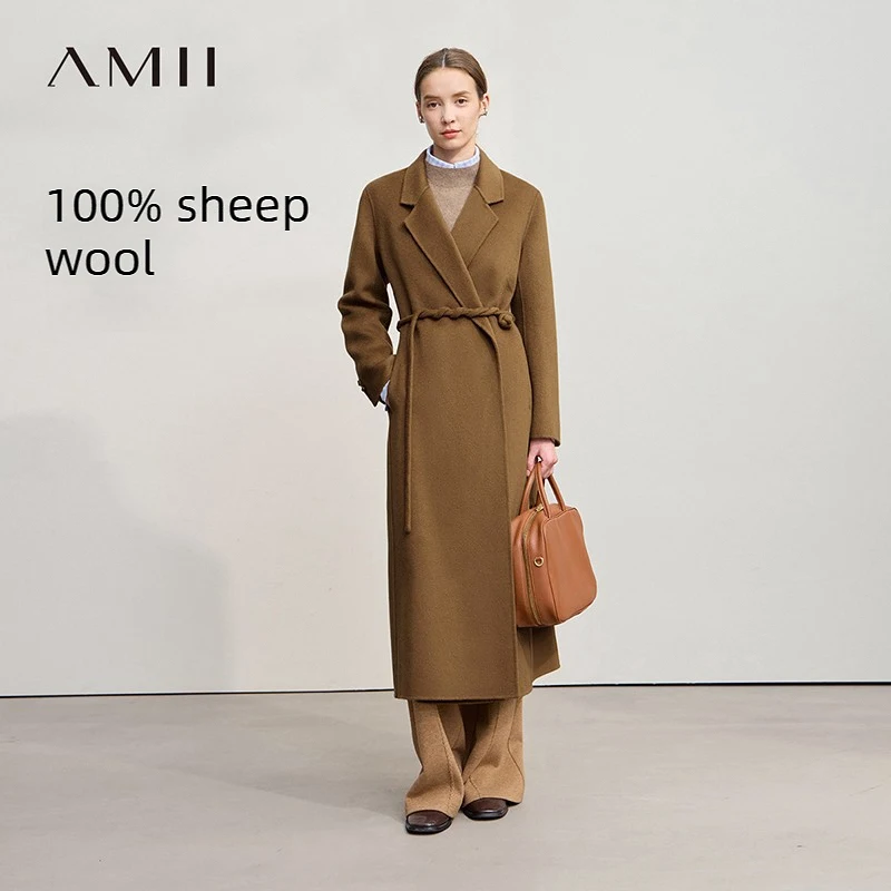 AMII abrigo de lana para mujer 2025 invierno nuevos abrigos largos versátiles para mujer con cinturón 100% chaqueta de Tweed de doble cara de lana 12544044
