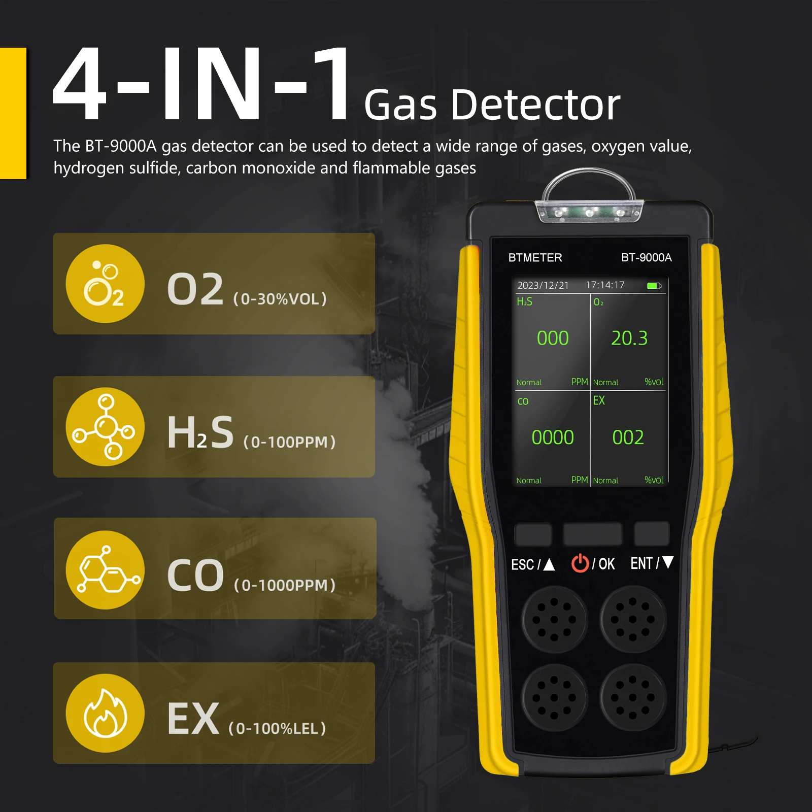 Portable Multi-Gas Detector, For Oxygen, Hydrogen Sulfide, Carbon Monoxide & Combustible Gases, Industrial Safety Equipment Tool