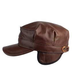 Cowhide Leather Hat Men Winter Casual Outdoor Flat Top Octagonal Cap Male Korean Fashion Earflap Warm Newsboy Berets Dad Chapeau