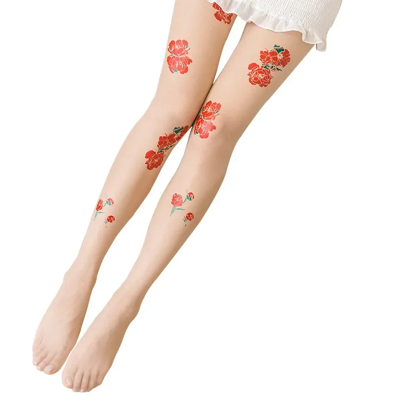 New Hand Printed Stockings Women's Rose Peony Flower Pattern Non-hook Mask Socks Stockings Pantyhose