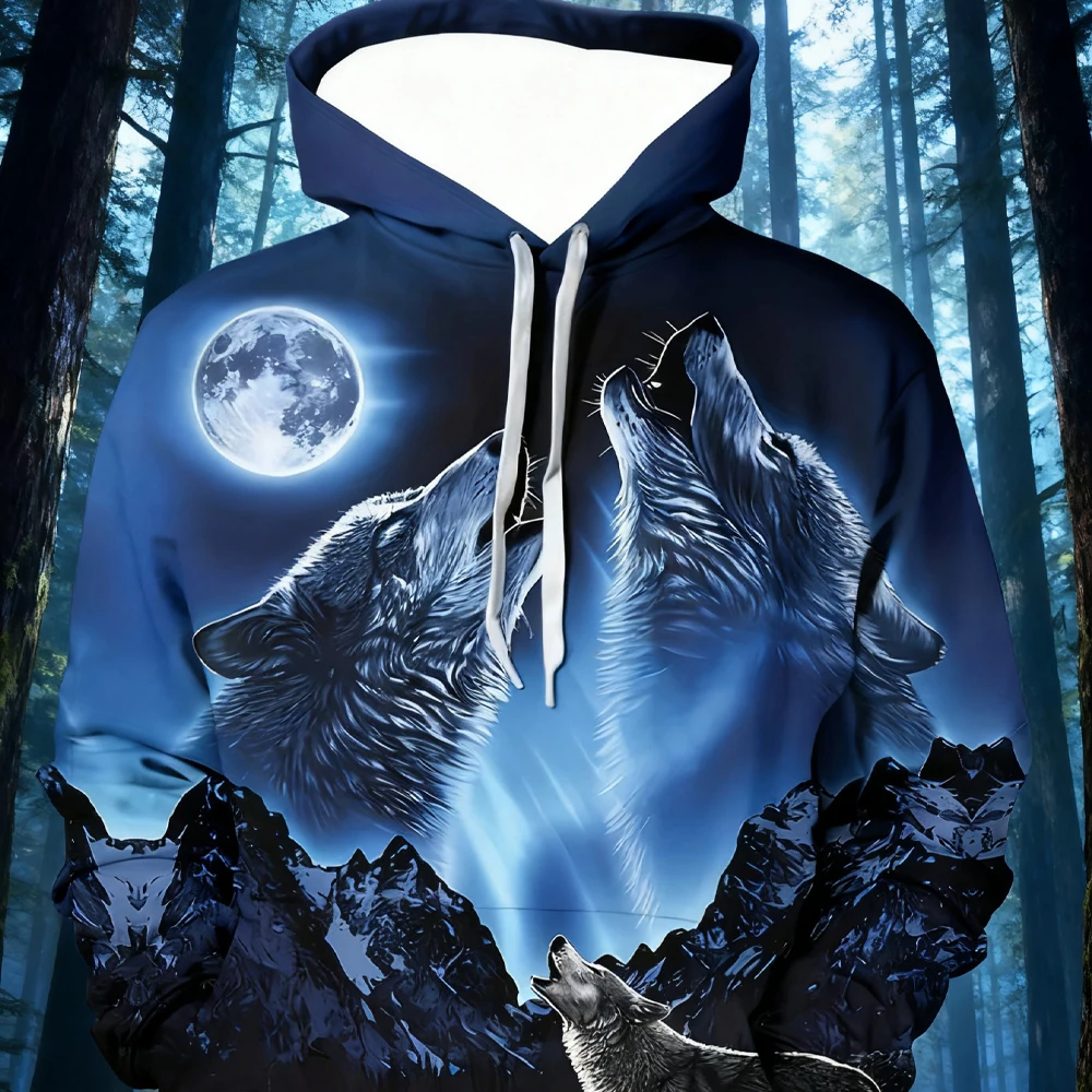 

Мужская толстовка с капюшоном с 3D лунным волком, ночная сцена с снежными пиками, полнолуние, повседневная осенне-зимняя женская толстовка с капюшоном, детская толстовка