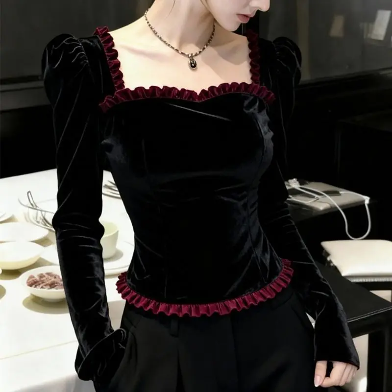 

2026 Spring Fall Women Ruffles Patchwork Slim Square Collar Velvet Top Shirt , Woman Clothing Velour Tops Shirts