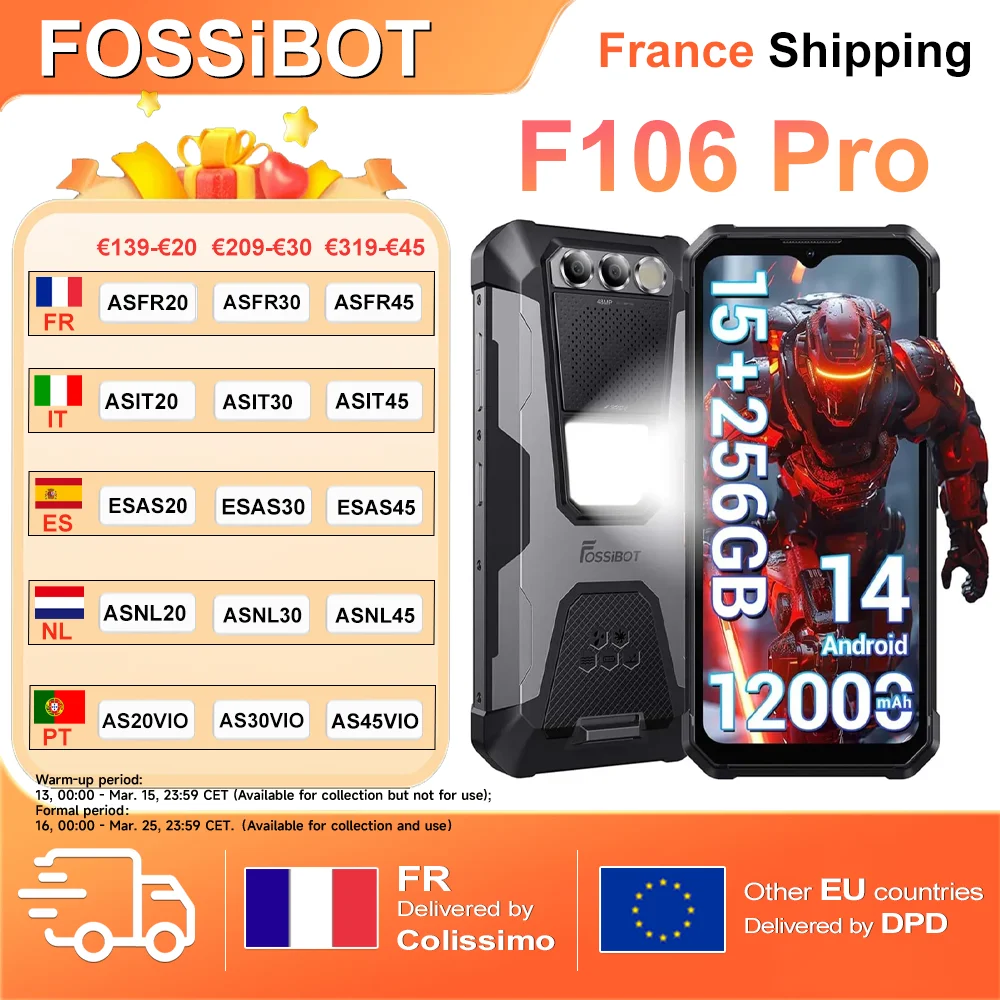 Smartphone robuste FOSSiBOT F106 Pro, 15 Go (8+7) de RAM / 256 Go de ROM, 12000 mAh, Android 14, 6,58 pouces, 48 MP, Helio G85, double SIM 4G