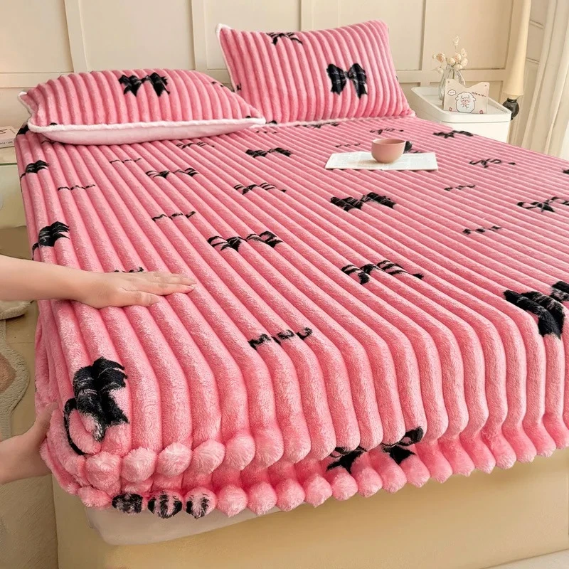 Elastic Autumn Winter Thicken Fitted Sheet Rabbit Plush Warm Comfortable Bed Cover Fully Wrapped Printed Mattress Cover Home