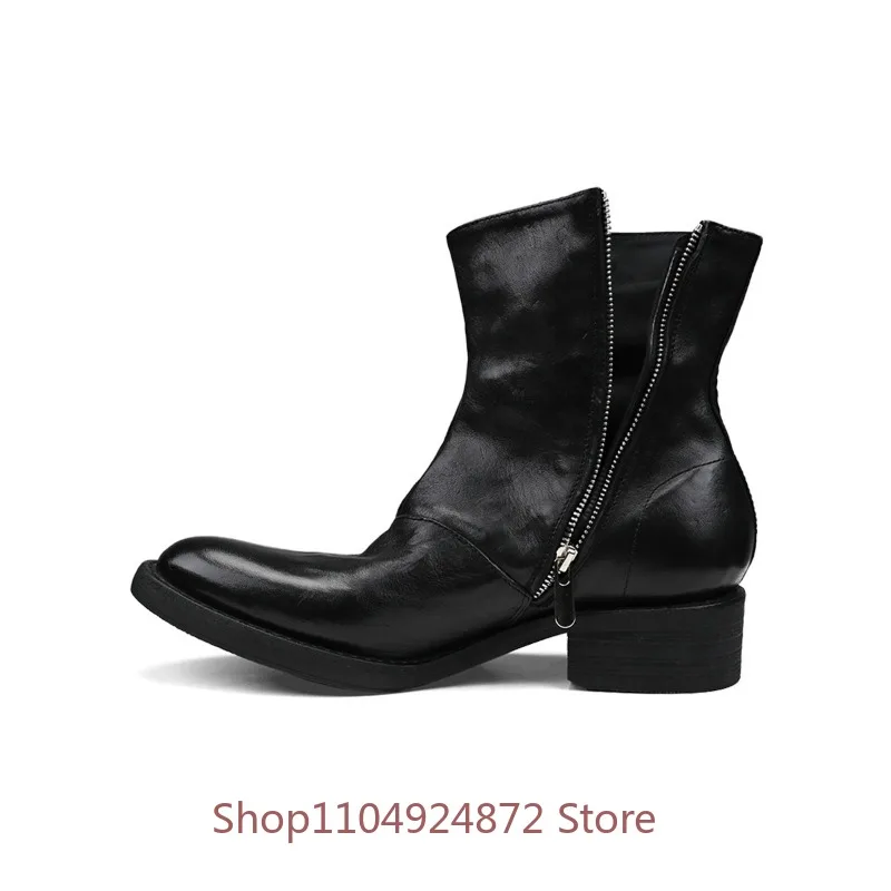 Luxury Designer Washed Genuine Leather Chelsea Boots Men's Shoes High-end Zipper Pointed Toe Casual Business Ankle Boots Male